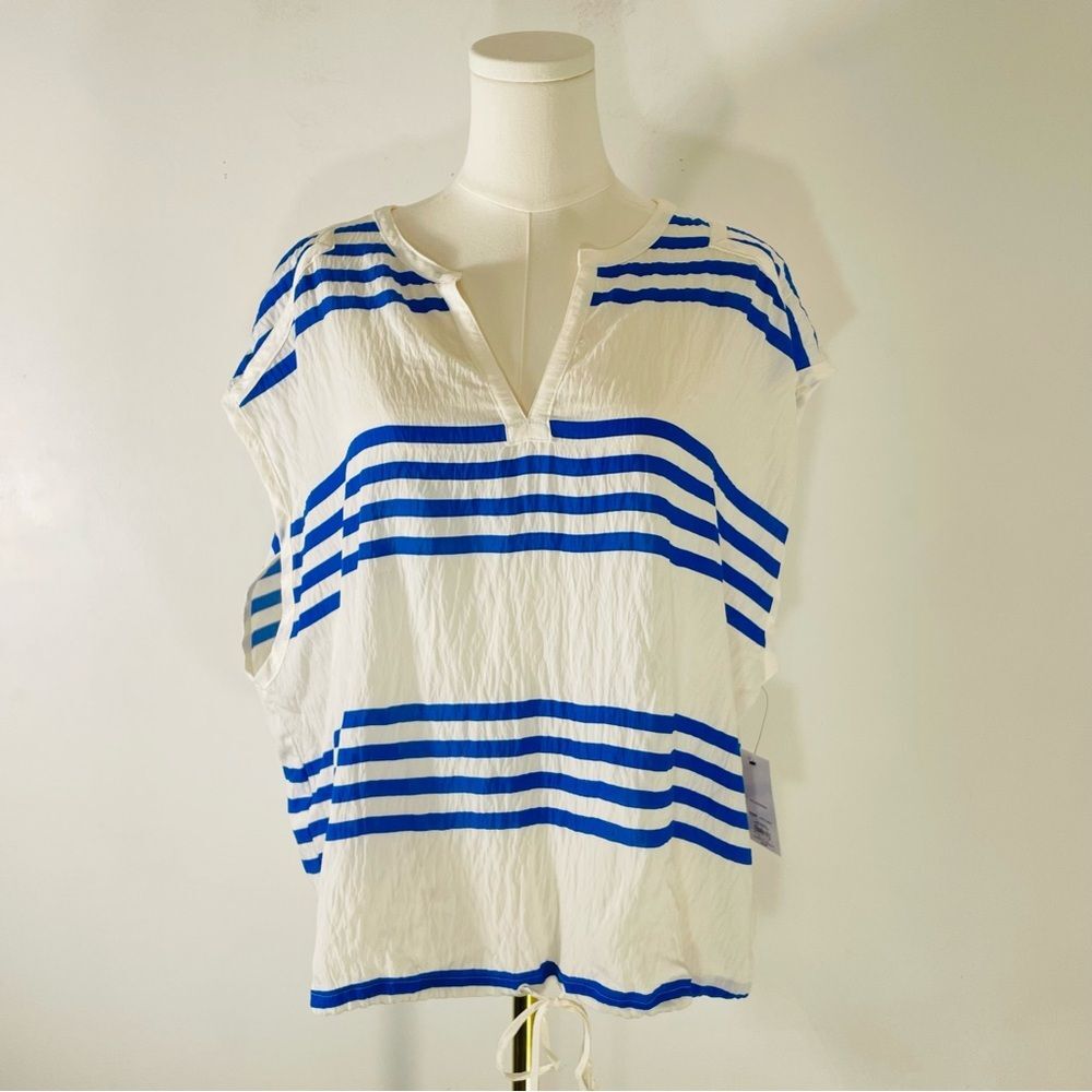 Nine West V Neck White & Blue Striped Drawstring Waist Blouse size XXL NWT